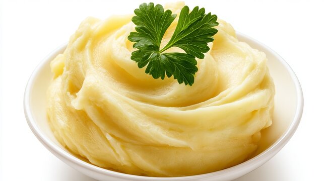 Creamy mashed potatoes in a white bowl, garnished with fresh parsley leaves, isolated on white background