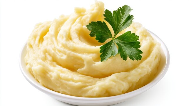 Creamy mashed potatoes in a white bowl, garnished with fresh parsley leaves, isolated on white background