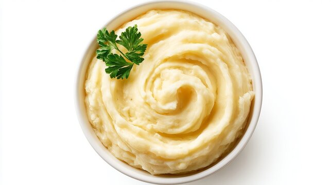 Creamy mashed potatoes in a white bowl, garnished with fresh green parsley sprigs, isolated on white