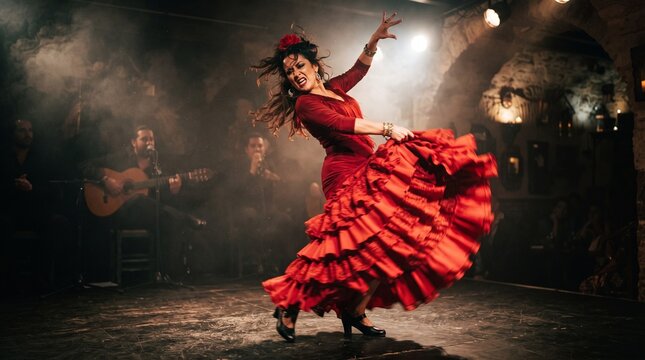 Dancer in red dress performing traditional flamenco on stage with flamenco