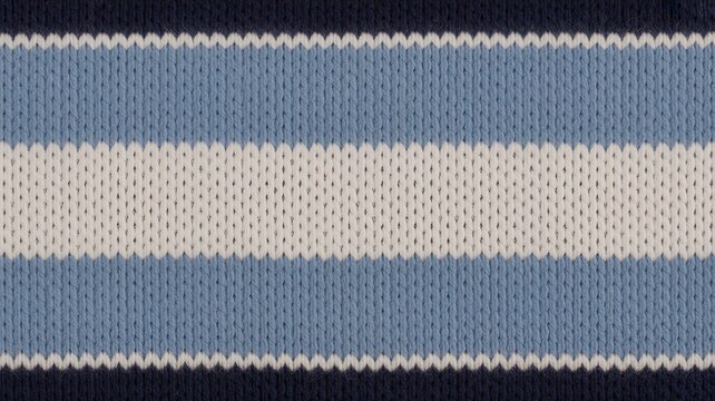 Macro view of blue and white striped knitted textile texture.