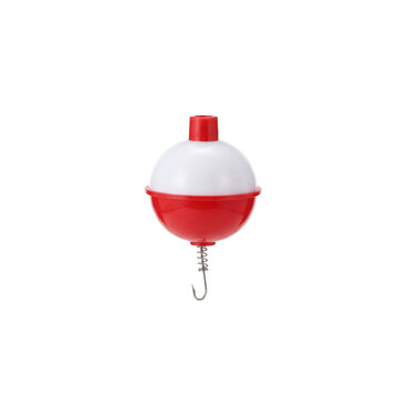 Red and white fishing bobber with a hook and spring on a white background