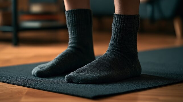 Close-up of feet wearing dark gray knit socks standing on a textured black yoga mat on wooden floor
