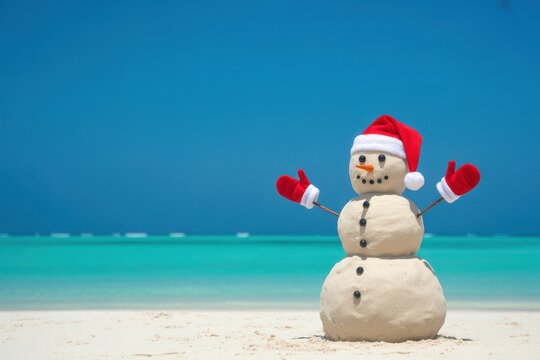 Sandman in Santa hat and red mittens on tropical beach.