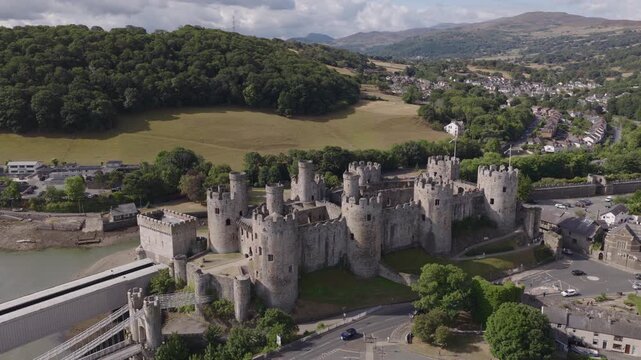 Aerial view of Conwy Castle in North Wales. Historic medieval architecture and Welsh heritage and culture
