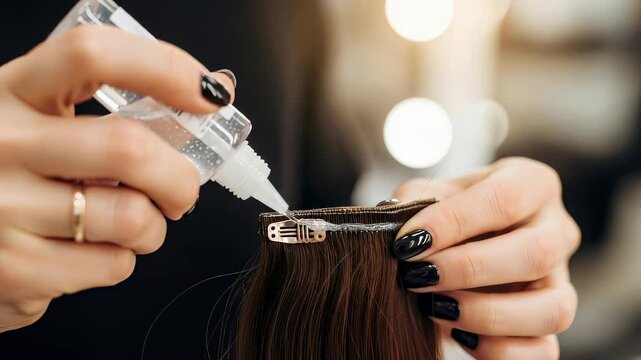 Woman applying bond to hair extension weft. Hairdresser prepares hair for attachment, demonstrating hair extension application.