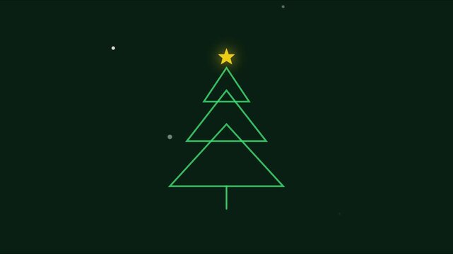 Minimalist christmas tree animation with glowing star and falling snow on dark green 4k background holiday
