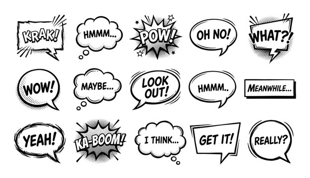 Speech Bubbles Collection: A collection of varied speech bubbles and thought bubbles, featuring different exclamations and interjections in a classic comic book style.