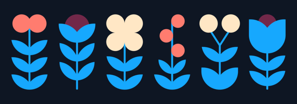 Contemporary flower icons. Minimal floral botanical elements, swiss design aesthetic flat vector illustration set. Decorative geometric floral ornament symbols
