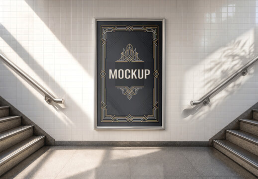 Framed Poster Lateral Stairs White Tile Sunlight Mockup