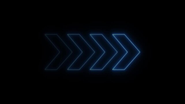 Glowing neon double arrow pointer sign animation on solid black background for digital interface navigation and motion. animation
