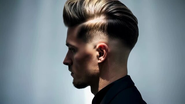 Man with trendy undercut hairstyle showing gradual fade and pompadour styling. Hair care and mens barber shop concept.
