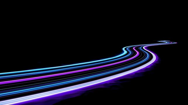 Abstract cyan purple and white light trails curving across black background for futuristic technology branding, posters, banners, and web design.

