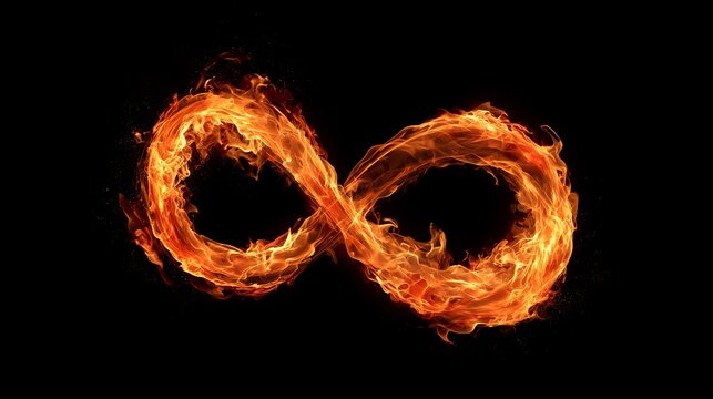 Fiery infinity symbol, created from vibrant flames against a deep black background, showcasing intense heat