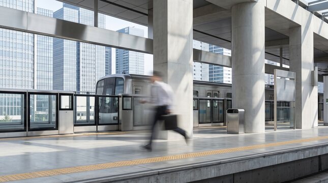Blurred Businessman Walking on Modern City Train Station Platform