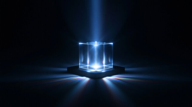Futuristic Glowing Glass Cube Representing Quantum Technology and AI