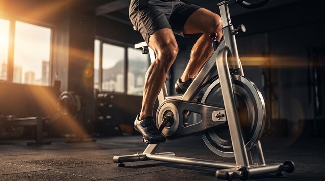 Muscular Man Riding Exercise Bike in Gym Workout
