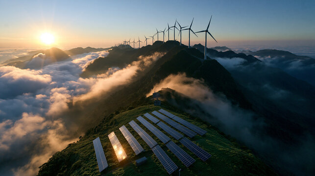Wind Turbines and Solar Panels on Mountain Peak at Sunrise