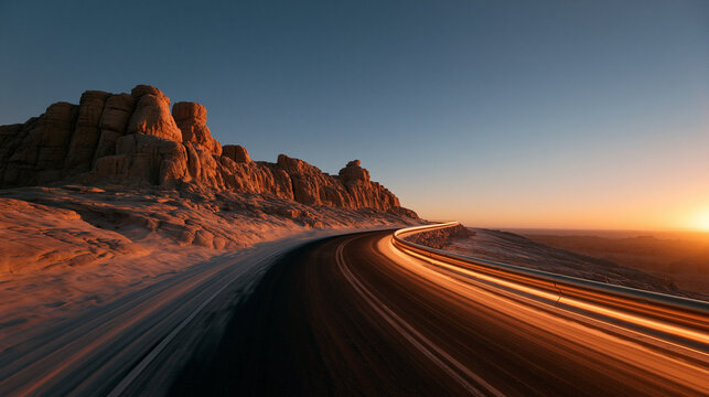 Winding Desert Highway with Light Trails at Sunset