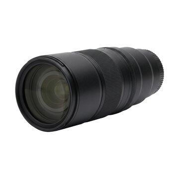 Professional black camera lens with zoom rings on a clean white background