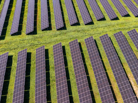 Aerial view of solar panels in a large photovoltaic farm set in a green grassy field in Zarnowiec, Silesian Voivodeship, Poland.