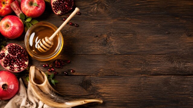 Rosh Hashanah flat lay background with honey, apples, pomegranate, shofar and copy space on dark wooden table