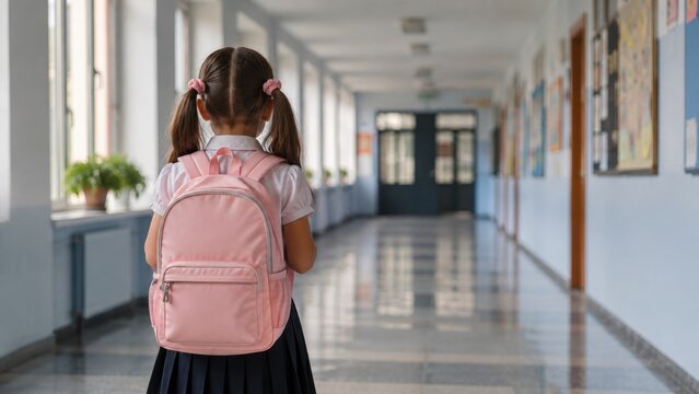  Kleines Schulm&auml;dchen mit rosa Rucksack geht durch den leeren Schulkorridor
