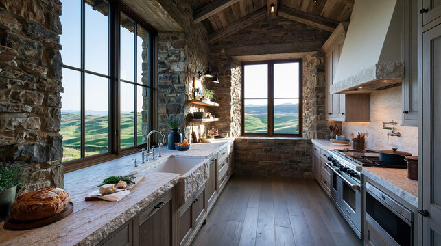 Rustic Luxury Kitchen with Stone Walls and Scenic View