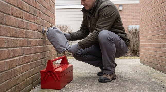Person crouches in a narrow brick alley placing a gray bag into a red toolbox, focused and cautious mood, suggests maintenance work and home repair preparation