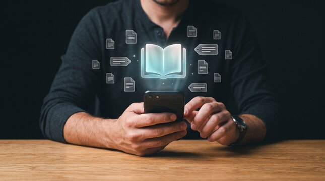 Person using mobile phone for document and knowledge management tasks, document knowledge productivity management workflow organization application planning efficiency structure solution