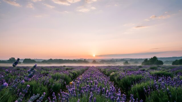 Lavender field at sunset with hazy hills and a colorful sky