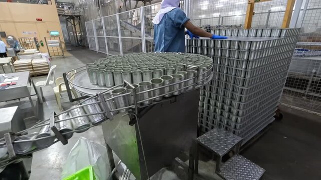 Can manufacturing process of canned goods in a factory while operators work together in the production area