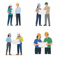 Obraz premium Flat vector set of diverse engineers and construction workers discussing building blueprints.