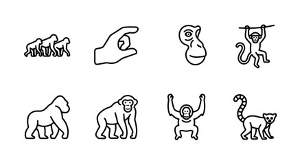 Fototapeta premium Primate Icons Set: Gorilla, Monkey, Lemur, Evolution, Hand Holding Coin, Vector Graphics
