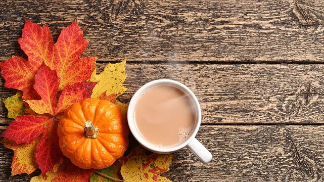 Autumn seasonal flat lay composition with pumpkins and leaves