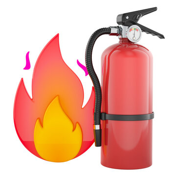 Fire extinguisher with flame symbol for fire safety and prevention. 3D rendering