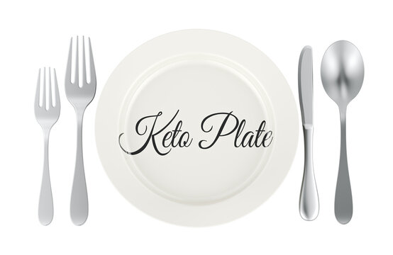Keto Plate concept with cutlery for ketogenic diet and low carb nutrition. 3D rendering