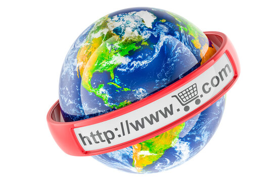 Global ecommerce concept. Earth globe with web address and shopping cart. 3D rendering