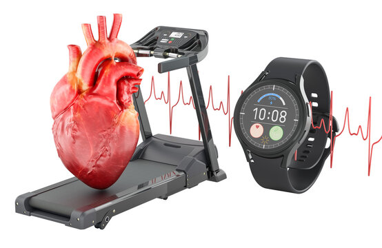 Heart health monitoring with treadmill and smartwatch. 3D rendering