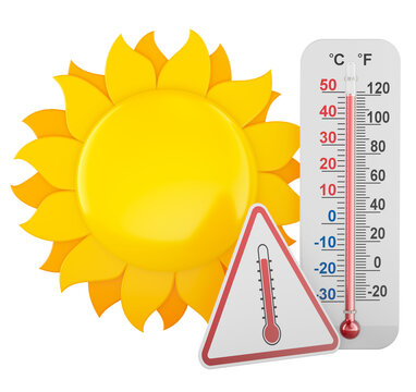 Heat wave warning with sun, thermometer and high temperature sign. 3D rendering