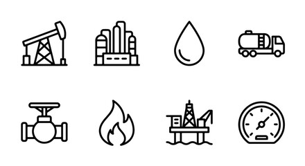 Fototapeta premium Oil Industry Icons: Pumpjack, Refinery, Drop, Tanker Truck, Valve, Flame, Rig, Gauge