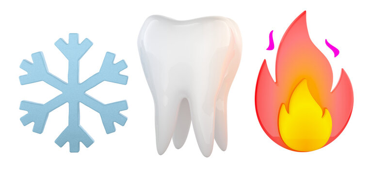 Tooth sensitivity to hot and cold, concept. Tooth with flame and snowflake. 3D rendering