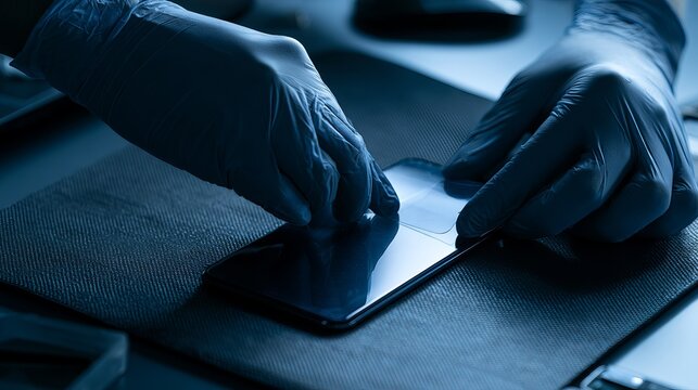 Gloved hands delicately manipulate a small electronic device on a dark, textured workspace surface