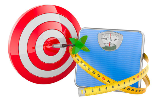 Weight loss target with bathroom scale, measuring tape and dartboard. 3D rendering