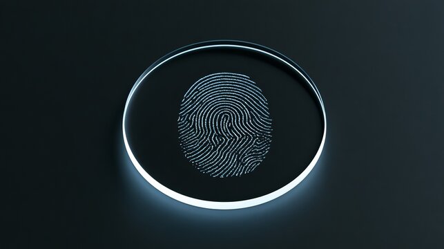 Glowing fingerprint icon within a circular frame, representing biometric security and digital identification concepts