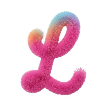 Fuzzy pink cursive letter l with rainbow gradient texture