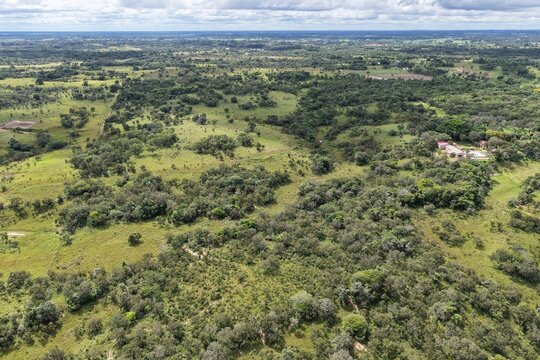 Vista a&eacute;rea de dron sobre paisaje rural con campos verdes y bosques.