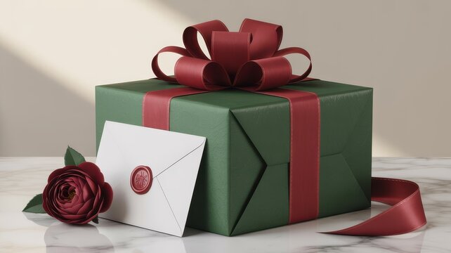 Green gift box wrapped with red ribbon beside a white envelope and a dark red flower on marble table surface