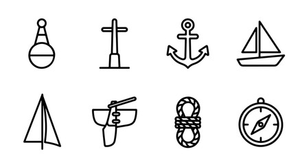 Nautical Icons Set: Sailboat, Anchor, Compass, Buoy, Rope, Marine Elements Vector Graphics © Josim