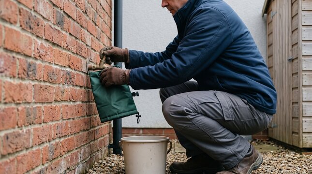 Middle aged man repairing outdoor water tap on brick wall, crouching in backyard beside wooden shed, practical home maintenance mood, plumbing and diy service concept